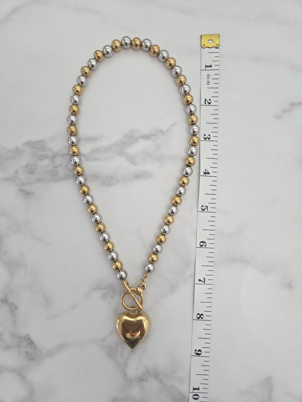 Two Tone Gold Silver Beaded Heart Pendant Toggle Necklace - Picture 10 of 14